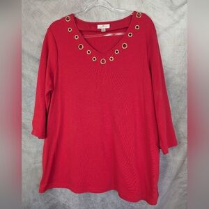 Quacker Factory 1X Rhinestone Studded Grommets Red Blouse
